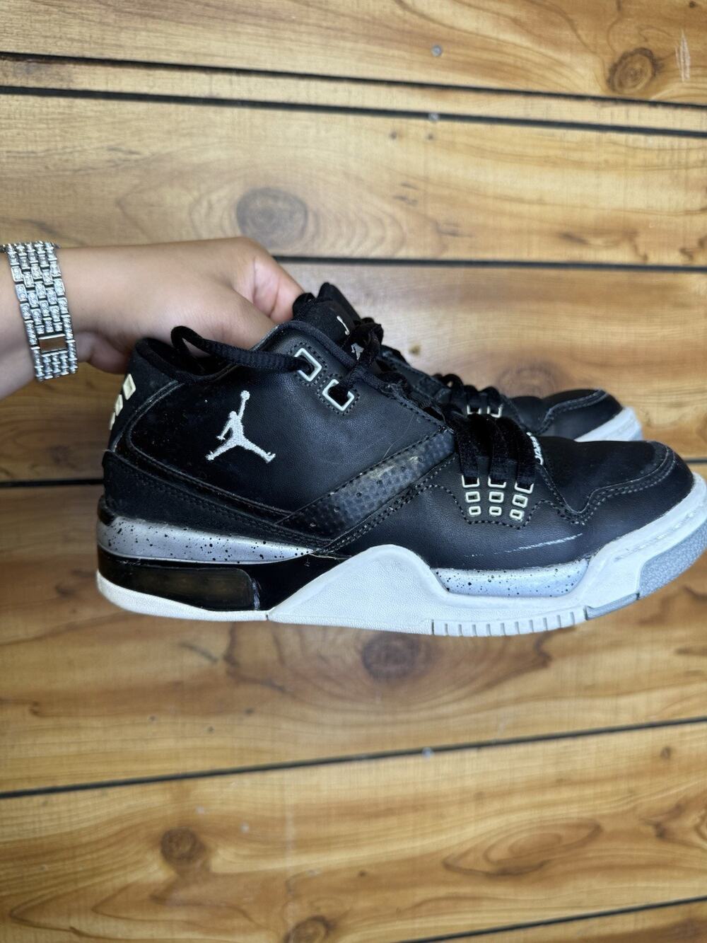 Jordan Flight 23 Kids 5Y Mid Top Sneaker Black White Gray Leather Lace Up